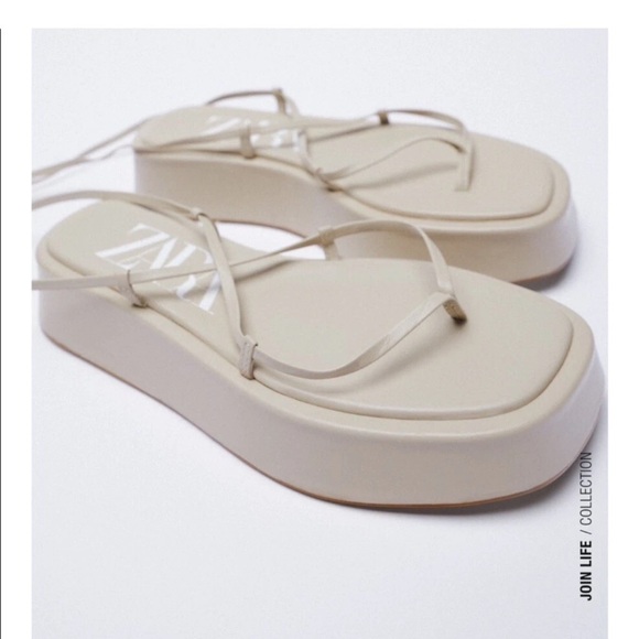 Zara lace up leather nude beige Strappy Platform Sandal shoes flip flop Flatform - Picture 4 of 10